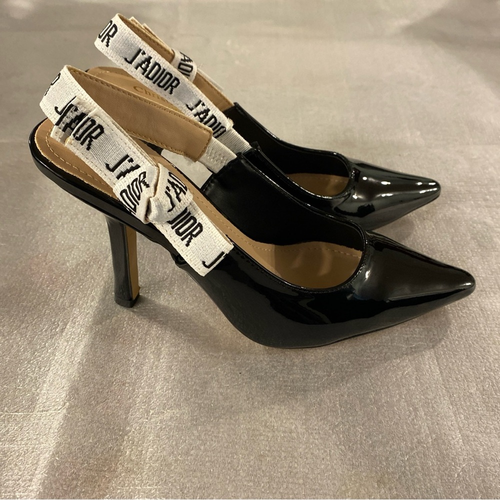 Dior Black Patent Leather Pointed Slingback Heels with White Logo Strap - Picture 3 of 5